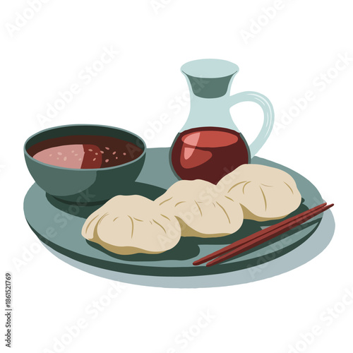 Asian dumplings with sauce and tea isolated on white background, Vector