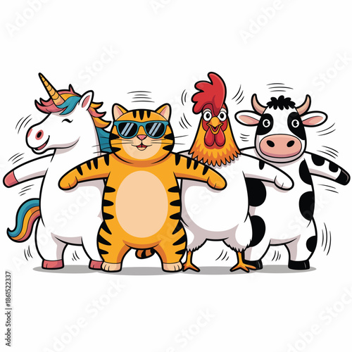 Cartoon Cat Wearing Sunglasses Dancing with Unicorn Chicken and Cow