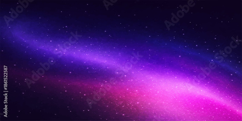 A deep purple nebula swirls through a dark cosmic sky filled with glowing stars and distant planets in this abstract outer space galaxy illustration