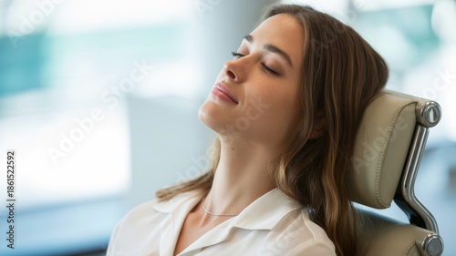 Free Download A serene young woman is relaxing in a chair, her eyes closed, exuding a sense of calm and tranquility in a bright, airy environment. - GFXLoad