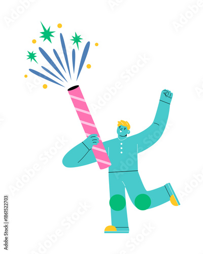 Man setting off firework. Colorful vector illustration