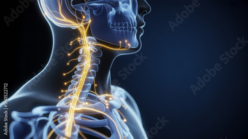 Transparent human neck and chest illustrating vagus nerve activation and acetylcholine release signaling for neuromodulation and autonomic regulation. 
