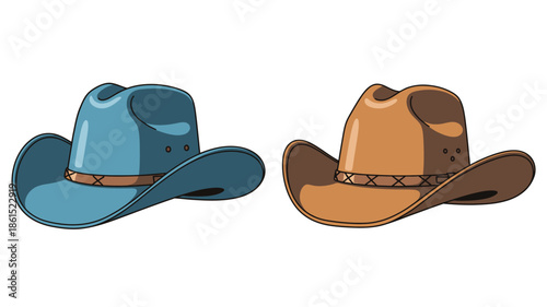 Illustration of two cowboy hats one blue and one brown side by side