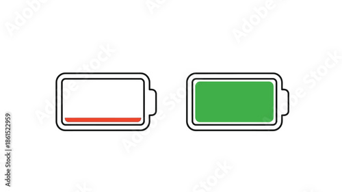Battery level indicator showing low and full charge states visually