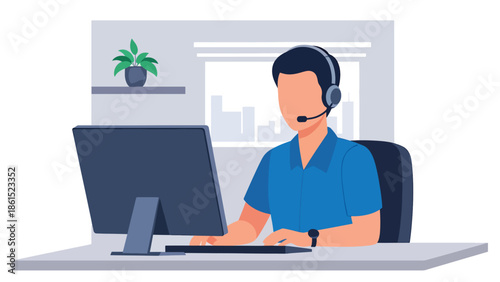 Modern vector illustration of customer service agent wearing headset at office desk, professional customer support, help desk, and service industry concept for business and SaaS use