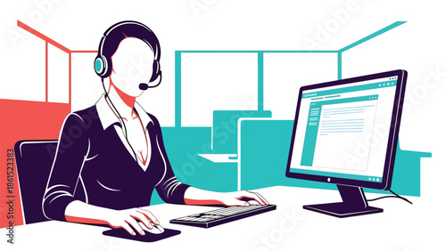 Modern vector illustration of customer service agent wearing headset at office desk, professional customer support, help desk, and service industry concept for business and SaaS use