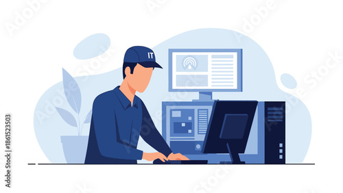 Modern vector illustration of IT support technician working on computer with server symbols, technology service industry, technical support, and digital solutions concept