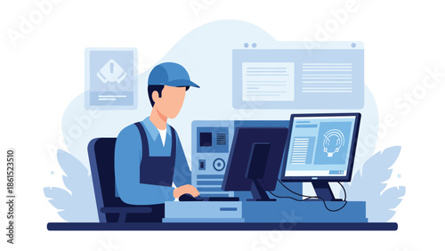 Modern vector illustration of IT support technician working on computer with server symbols, technology service industry, technical support, and digital solutions concept