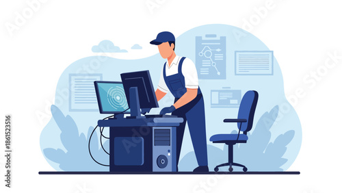 Modern vector illustration of IT support technician working on computer with server symbols, technology service industry, technical support, and digital solutions concept