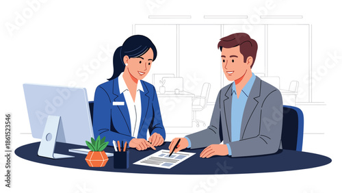 Modern vector illustration of bank employee consulting client at desk in financial office, banking service industry, financial consulting, and customer advisory concept