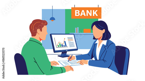 Modern vector illustration of bank employee consulting client at desk in financial office, banking service industry, financial consulting, and customer advisory concept