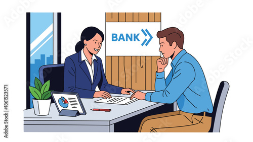Modern vector illustration of bank employee consulting client at desk in financial office, banking service industry, financial consulting, and customer advisory concept