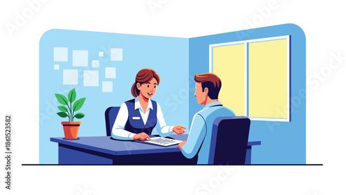Modern vector illustration of bank employee consulting client at desk in financial office, banking service industry, financial consulting, and customer advisory concept