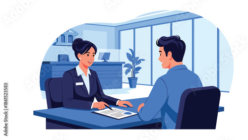 Modern vector illustration of bank employee consulting client at desk in financial office, banking service industry, financial consulting, and customer advisory concept