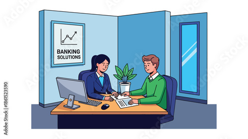 Modern vector illustration of bank employee consulting client at desk in financial office, banking service industry, financial consulting, and customer advisory concept