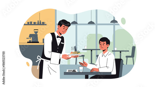Modern vector illustration of waiter serving food to customer in restaurant interior, food service industry, hospitality, and dining experience concept