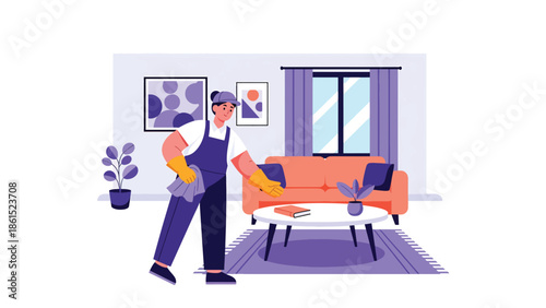 Modern vector illustration of cleaning service worker tidying modern living room, professional home cleaning, maintenance service industry, and hygiene concept
