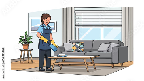 Modern vector illustration of cleaning service worker tidying modern living room, professional home cleaning, maintenance service industry, and hygiene concept