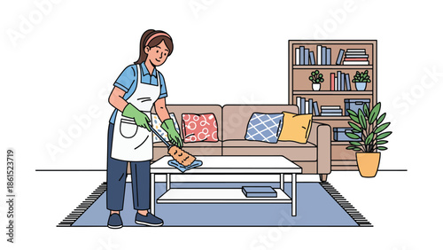 Modern vector illustration of cleaning service worker tidying modern living room, professional home cleaning, maintenance service industry, and hygiene concept