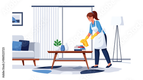 Modern vector illustration of cleaning service worker tidying modern living room, professional home cleaning, maintenance service industry, and hygiene concept