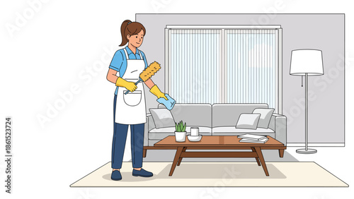 Modern vector illustration of cleaning service worker tidying modern living room, professional home cleaning, maintenance service industry, and hygiene concept