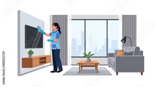 Modern vector illustration of cleaning service worker tidying modern living room, professional home cleaning, maintenance service industry, and hygiene concept