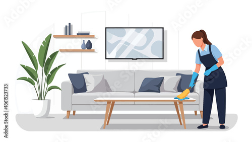Modern vector illustration of cleaning service worker tidying modern living room, professional home cleaning, maintenance service industry, and hygiene concept