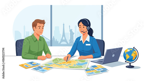 Modern vector illustration of travel agent assisting customer with trip planning at office desk, tourism service industry and travel support concept