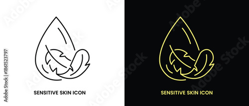 Sensitive Skin Icon Set with Organic Cosmetic Skin Care Elements for Healthy Hydrated Skin, Black Line Flat Vector Labels, Logos, Badges and Symbols