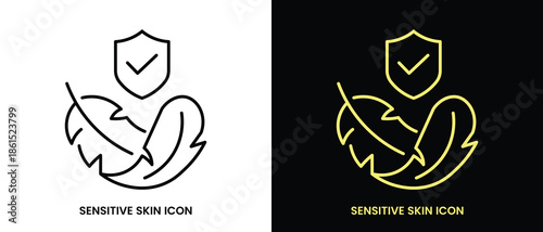 Sensitive Skin Icon Set with Organic Cosmetic Skin Care Elements for Healthy Hydrated Skin, Black Line Flat Vector Labels, Logos, Badges and Symbols