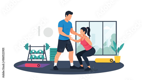 Modern vector illustration of fitness trainer coaching client in gym studio, wellness service industry, personal training, and healthy lifestyle concept