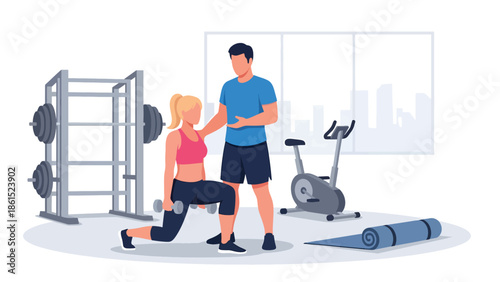 Modern vector illustration of fitness trainer coaching client in gym studio, wellness service industry, personal training, and healthy lifestyle concept