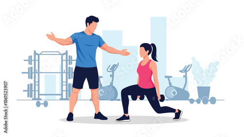 Modern vector illustration of fitness trainer coaching client in gym studio, wellness service industry, personal training, and healthy lifestyle concept
