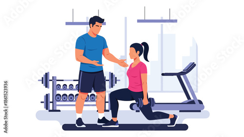 Modern vector illustration of fitness trainer coaching client in gym studio, wellness service industry, personal training, and healthy lifestyle concept