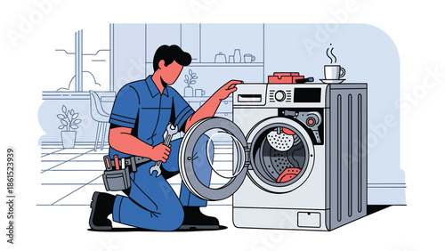 Modern vector illustration of repair technician fixing appliance in customer home, maintenance service industry and technical home service concept