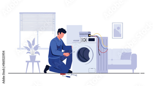 Modern vector illustration of repair technician fixing appliance in customer home, maintenance service industry and technical home service concept