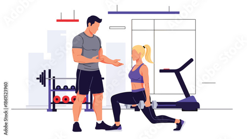 Modern vector illustration of fitness trainer coaching client in gym studio, wellness service industry, personal training, and healthy lifestyle concept