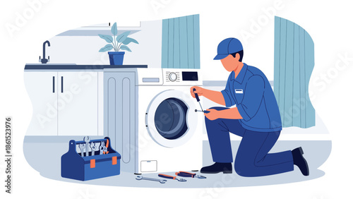 Modern vector illustration of repair technician fixing appliance in customer home, maintenance service industry and technical home service concept