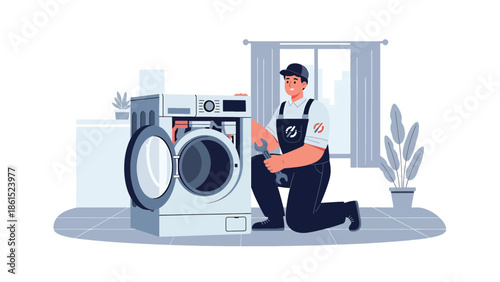 Modern vector illustration of repair technician fixing appliance in customer home, maintenance service industry and technical home service concept