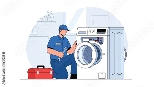 Modern vector illustration of repair technician fixing appliance in customer home, maintenance service industry and technical home service concept