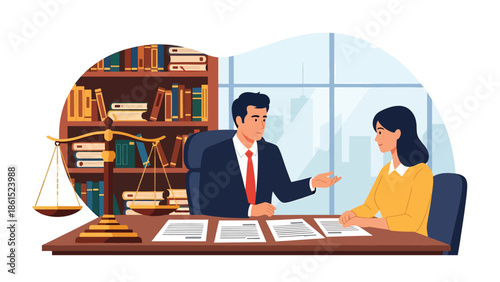 Modern vector illustration of legal advisor consulting client in office, professional legal service industry and business law advisory concept