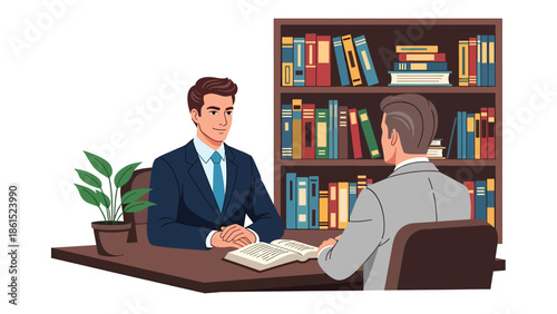 Modern vector illustration of legal advisor consulting client in office, professional legal service industry and business law advisory concept
