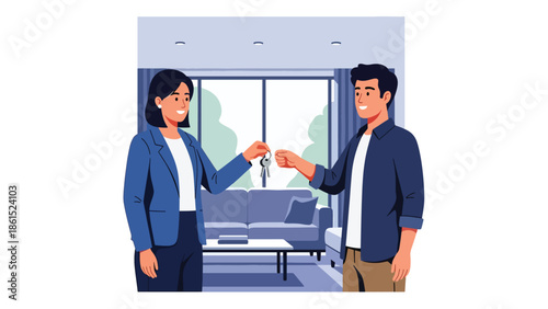 Modern vector illustration of real estate agent presenting house keys to client, property service industry and home buying assistance concept