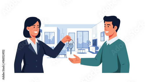 Modern vector illustration of real estate agent presenting house keys to client, property service industry and home buying assistance concept