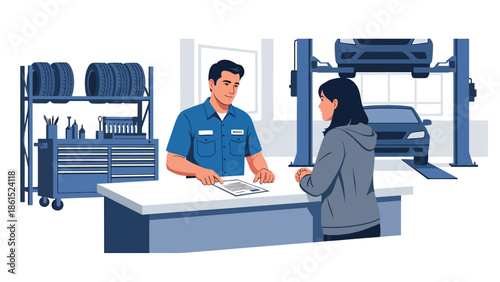 Modern vector illustration of auto service mechanic assisting customer at service counter, automotive service industry and vehicle maintenance concept