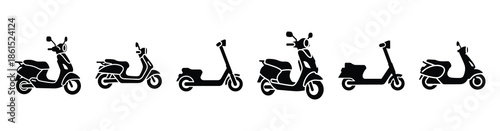 Set of urban mobility scooter vector icons isolated on white background. Vector illustration. Black flat design