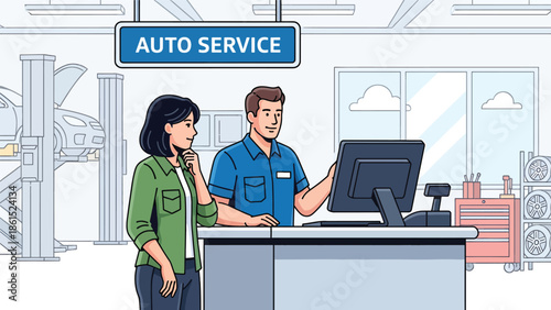 Modern vector illustration of auto service mechanic assisting customer at service counter, automotive service industry and vehicle maintenance concept