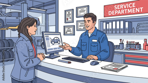 Modern vector illustration of auto service mechanic assisting customer at service counter, automotive service industry and vehicle maintenance concept
