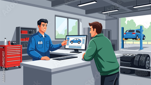 Modern vector illustration of auto service mechanic assisting customer at service counter, automotive service industry and vehicle maintenance concept