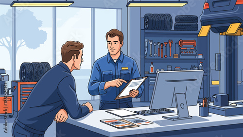 Modern vector illustration of auto service mechanic assisting customer at service counter, automotive service industry and vehicle maintenance concept